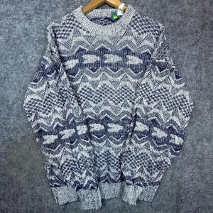 Vintage American Weekend Sweater Men Large Blue White Nordic Alpine‎ Monochrome